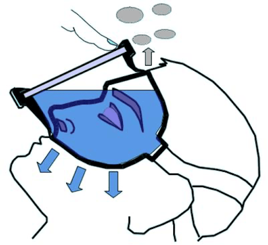 Diver tilting head upward and exhaling through nose to push water out of scuba mask.