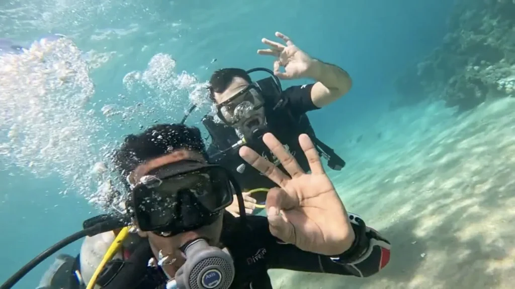 Scuba divers exploring the vibrant coral of the Near Garden house reef with Scorpion Dive Club, the best diving center in Sharm El Sheikh.